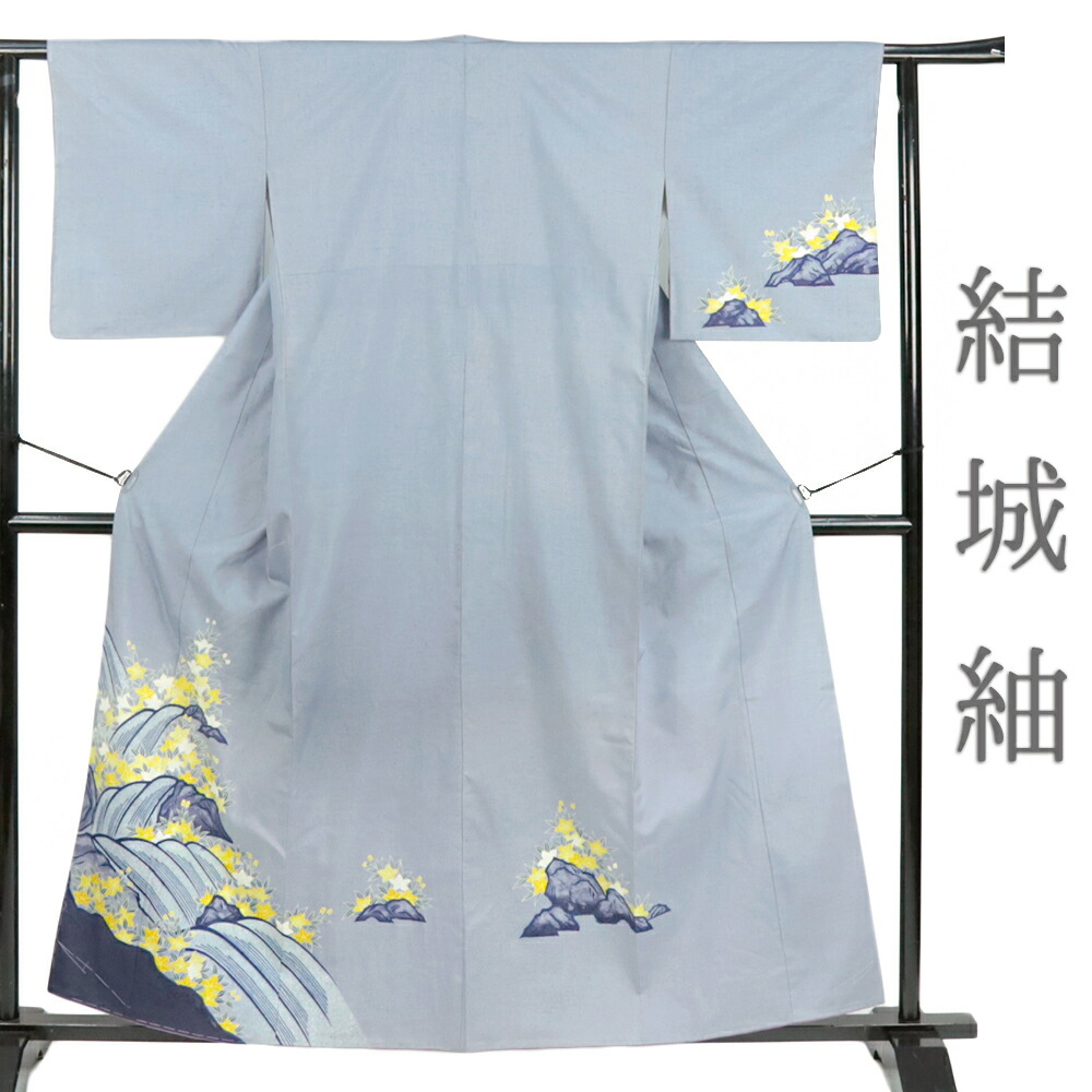 楽天市場】本場 結城紬 訪問着 正絹 着物 青 水色 花 鉄線 流水 岩