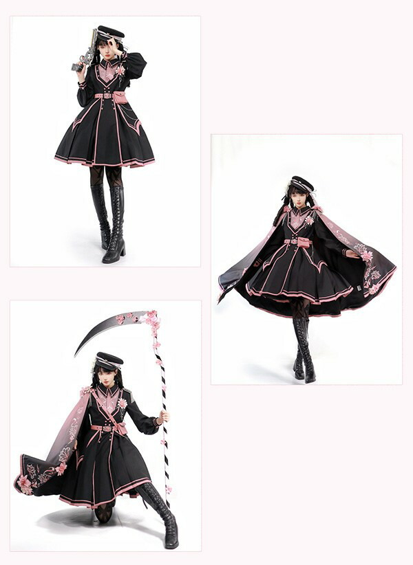 楽天市場】ロリータ ワンピース 桜柄 大正風 軍服ロリータ 黒 ピンク