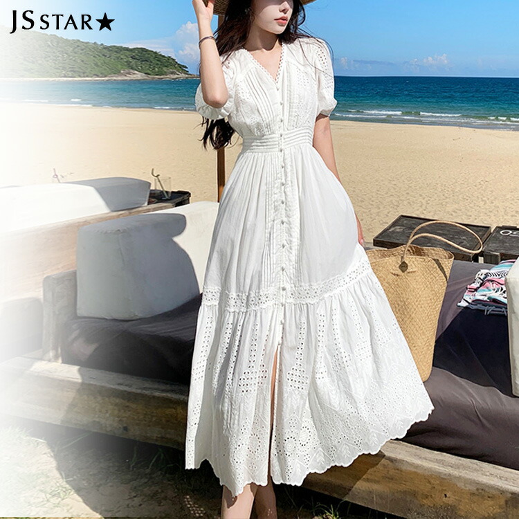 楽天市場】リゾートワンピ カットワークレース 花柄刺繍 白 ボタン付き