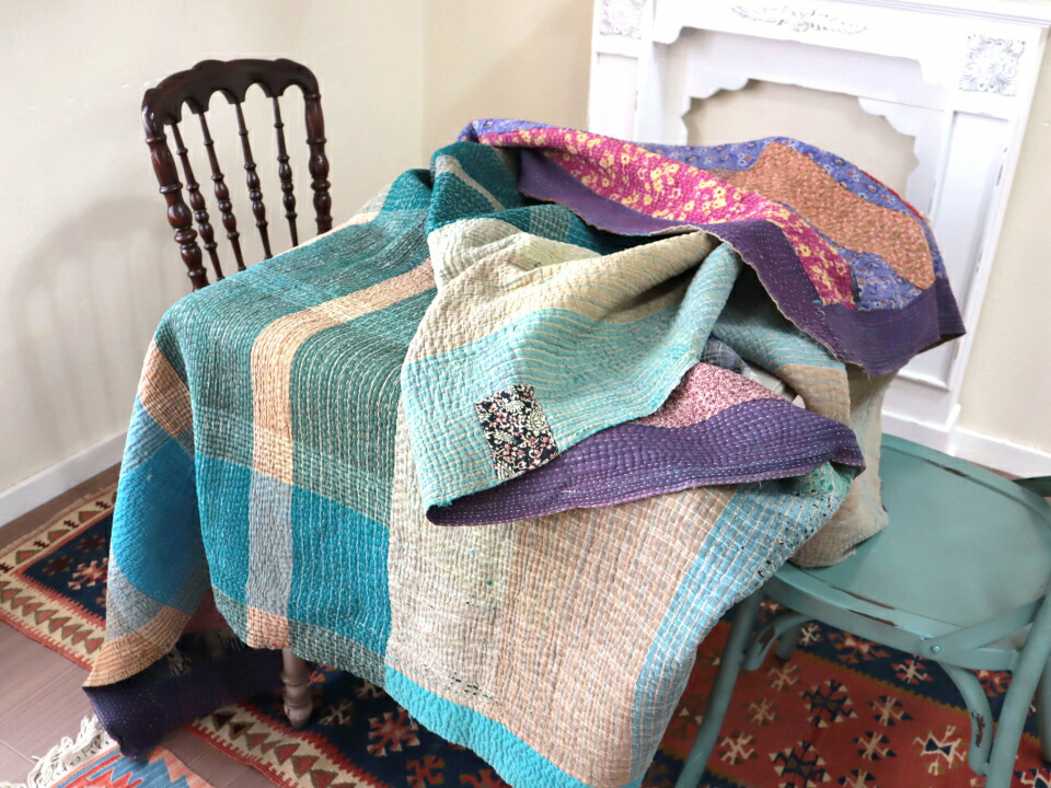 楽天市場】カンタ刺繍 ラリーキルト インドの古布210×152cmパープル系