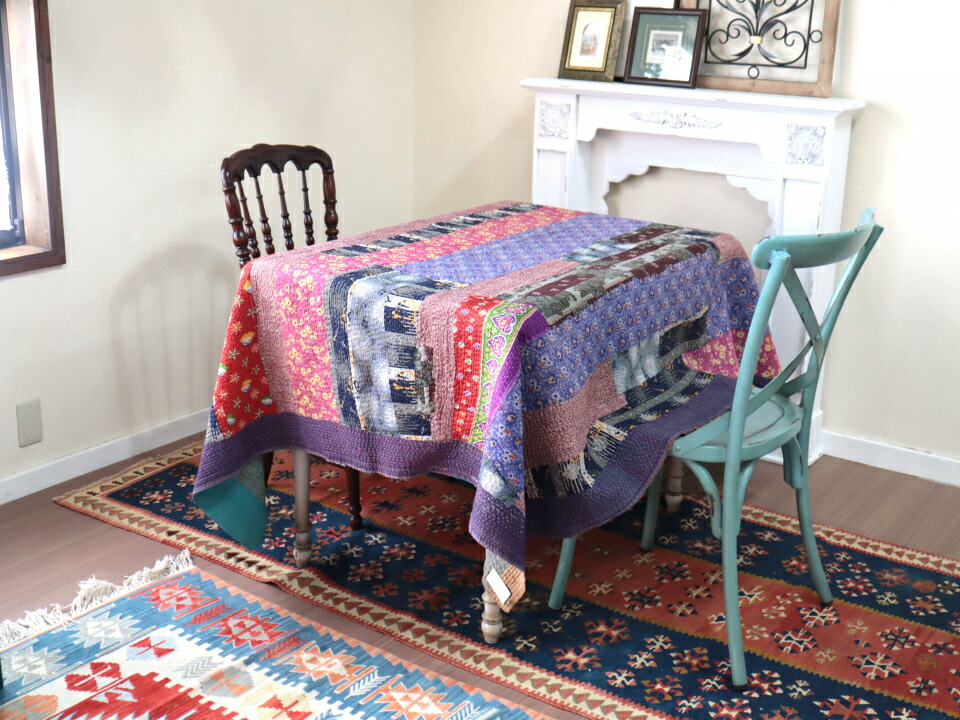 楽天市場】カンタ刺繍 ラリーキルト インドの古布210×152cmパープル系