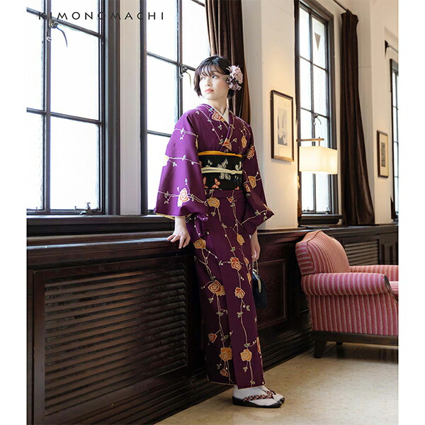 楽天市場】洗える着物 セット「袷着物：ばら 紫色＋京袋帯：黒 郡蝶