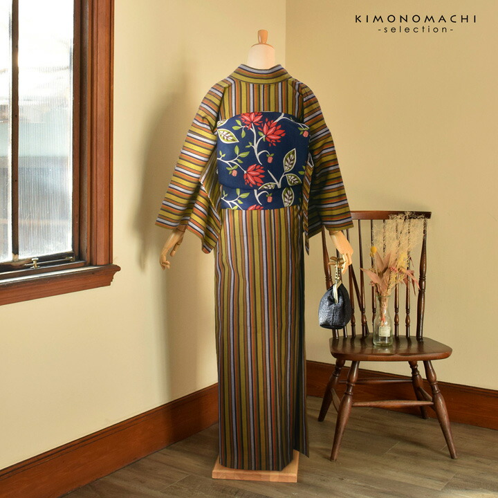 楽天市場】三河木綿 洗える着物 単品「金茶、白、黒、茶 縞」お仕立て