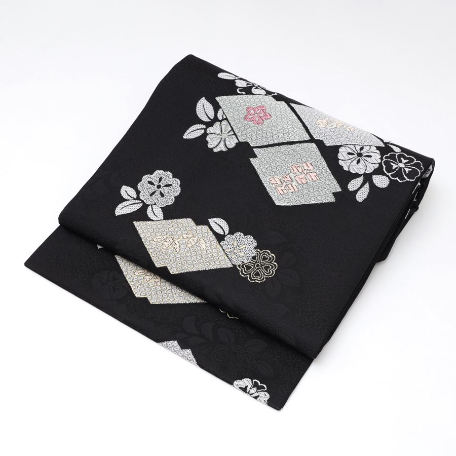 楽天市場】名古屋帯 黒 松皮菱 花 仕立て済 仕立て上がり 正絹 新品 未