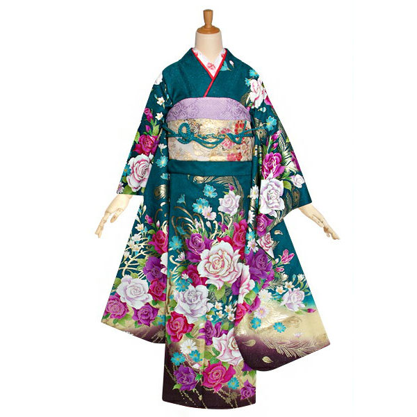 楽天市場】【成人式 振袖 レンタル】RS1085 正絹 緑 薔薇と孔雀の羽