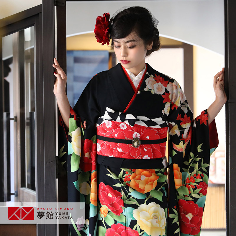 楽天市場】【振袖 レンタル】 結婚式 結納R1170黒 椿に白うさぎ きもの