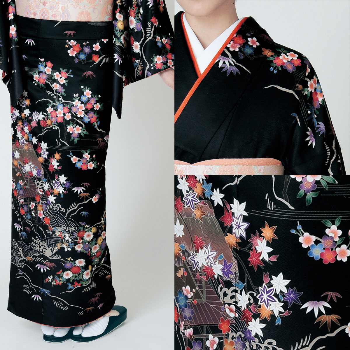 楽天市場】付下 訪問着 単品 黒系の地色に梅と紅葉と菊【H・L No.6