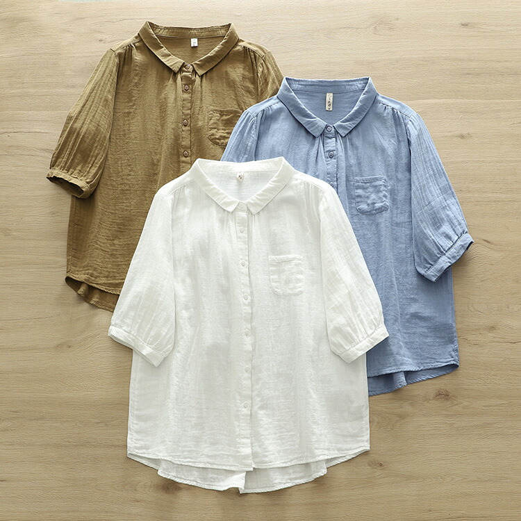 楽天市場】シャツ レディース 薄手 夏 綿 半袖 5分袖 ブラウス 白