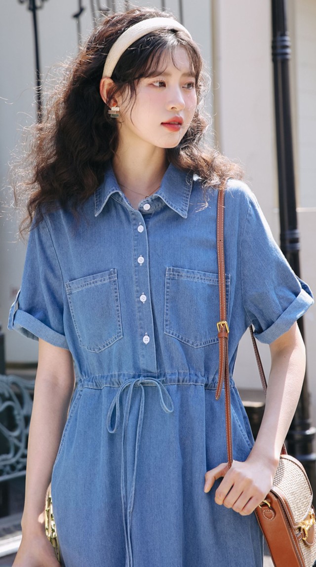 楽天市場】デニム シャツワンピース 半袖 襟付き ワンピース