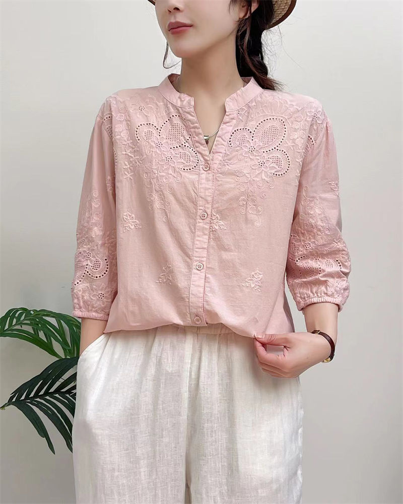 楽天市場】綿100 シャツ ブラウス 刺繍シャツ 花柄 ホワイトシャツ 夏