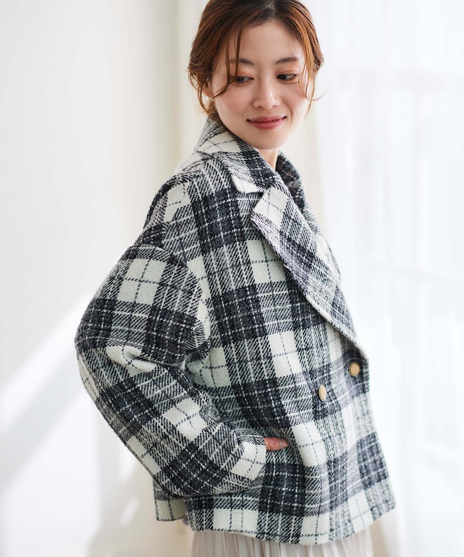 le.coeur blanc｜ループチェックショートPコート | Rakuten Fashion