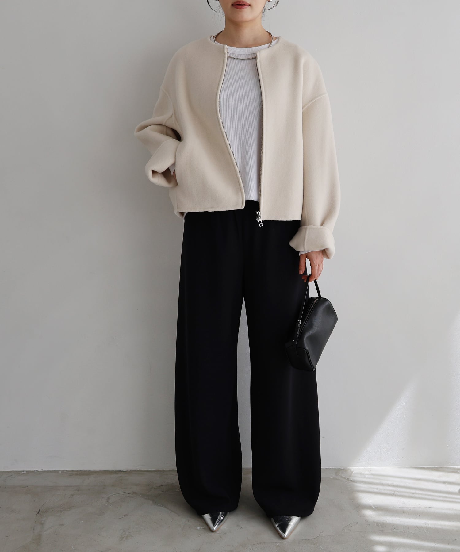 andme｜リバー ジップ ノーカラー ショート コート evernavy エバー