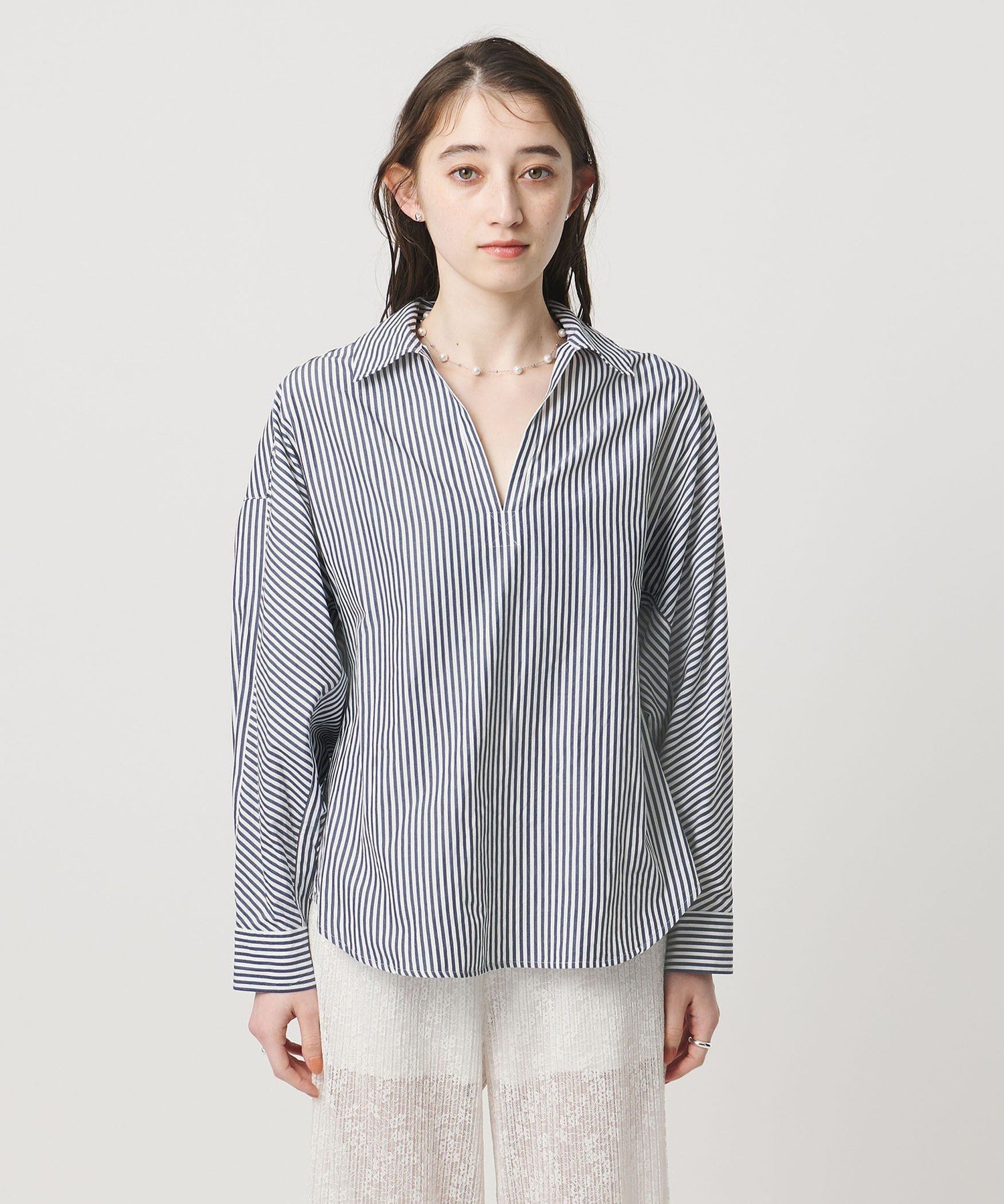 美品▲TICCA //ブルーストライプ長袖シャツ▲スキッパー プルオーバー 美品△TICCA ティッカ//ブルーストライプ スキッパーロングシャツ