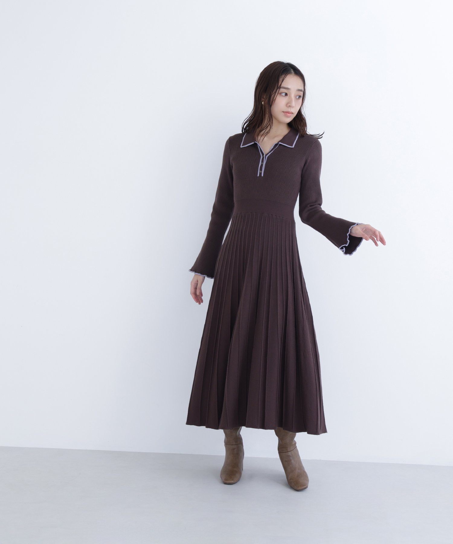 NATURAL BEAUTY BASIC｜スキッパーバイカラーニットワンピース