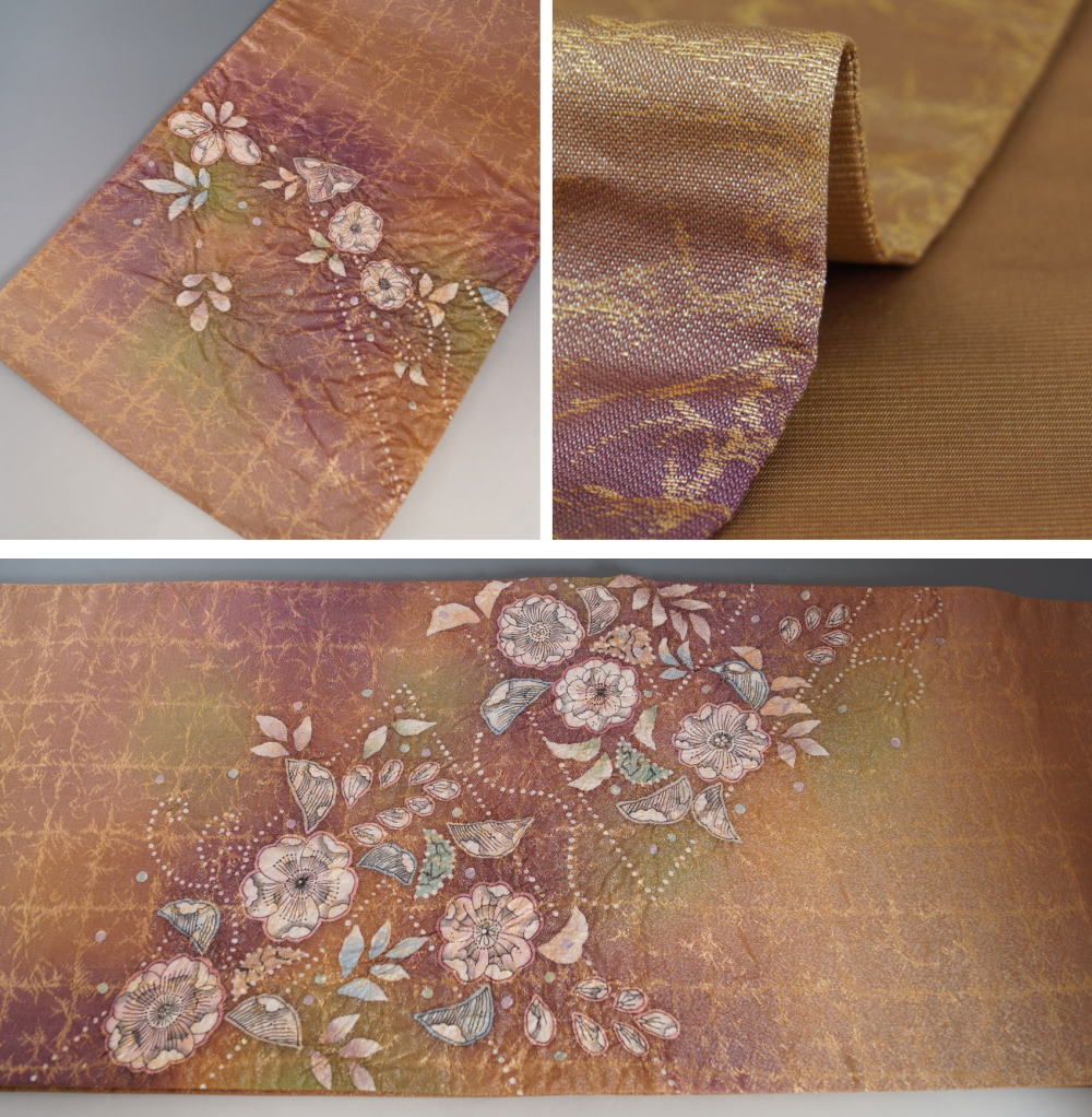 楽天市場】袋帯 辻が花模様 金通し 膨れ織 お太鼓柄 山吹茶色 【送料