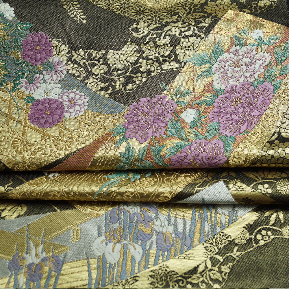 楽天市場】袋帯 じゅらく 帝王紫 短冊に春秋百花模様 黒色 金箔 金糸