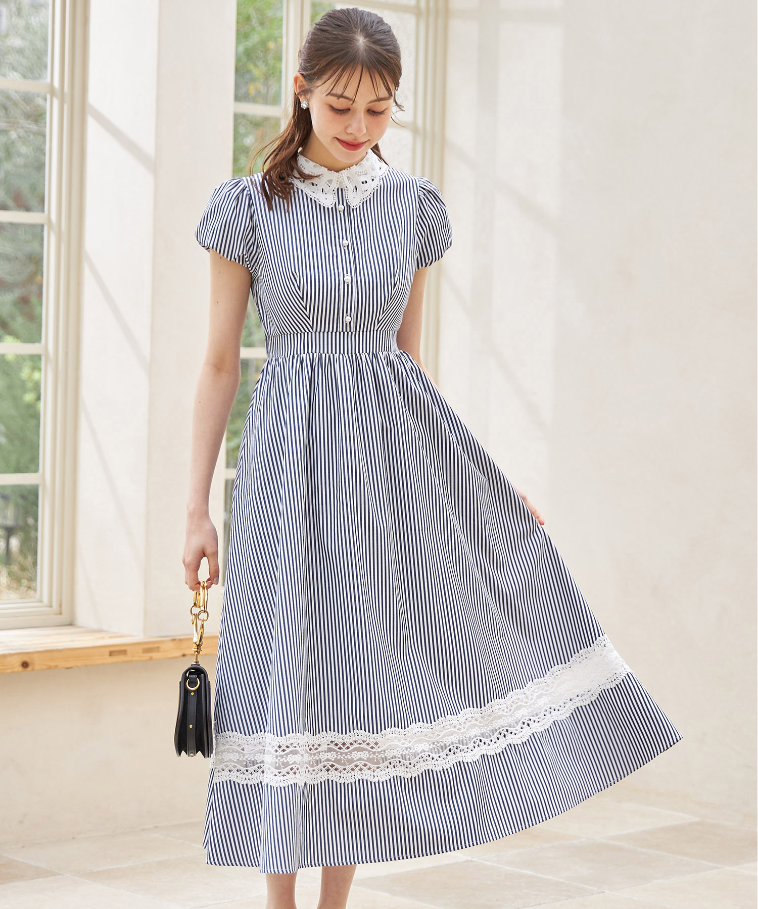 楽天市場】パール釦レース×ストライプシャツワンピース【fadisea