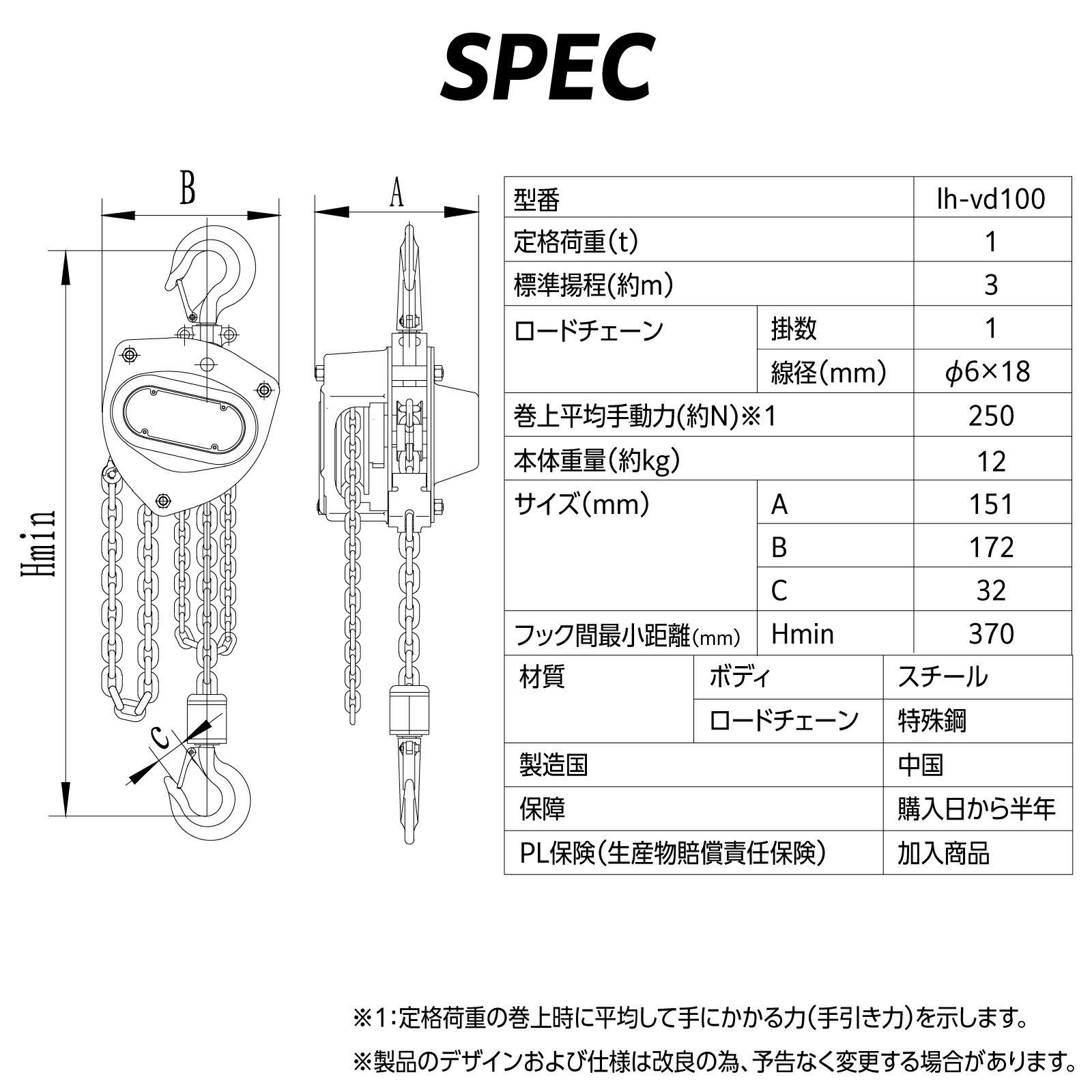 楽天市場】手動式チェーンブロック 1t 1ton 揚程3m ベストアンサー
