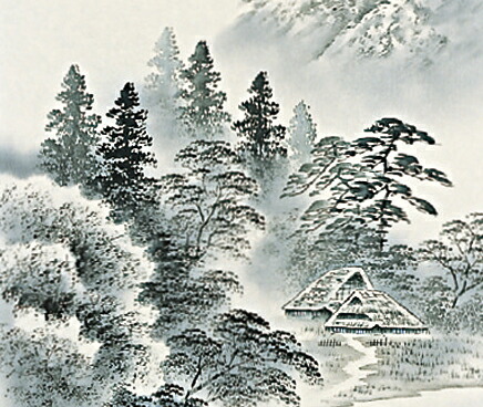 水墨画 掛軸 西嶺春雲図 謝光力画 中国 絵画 山水 張大千大風堂 カラー