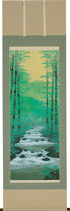 深秋渓流 掛軸 掛け軸 共箱あり 二重箱 川 山 秋 真作 37 深秋渓流