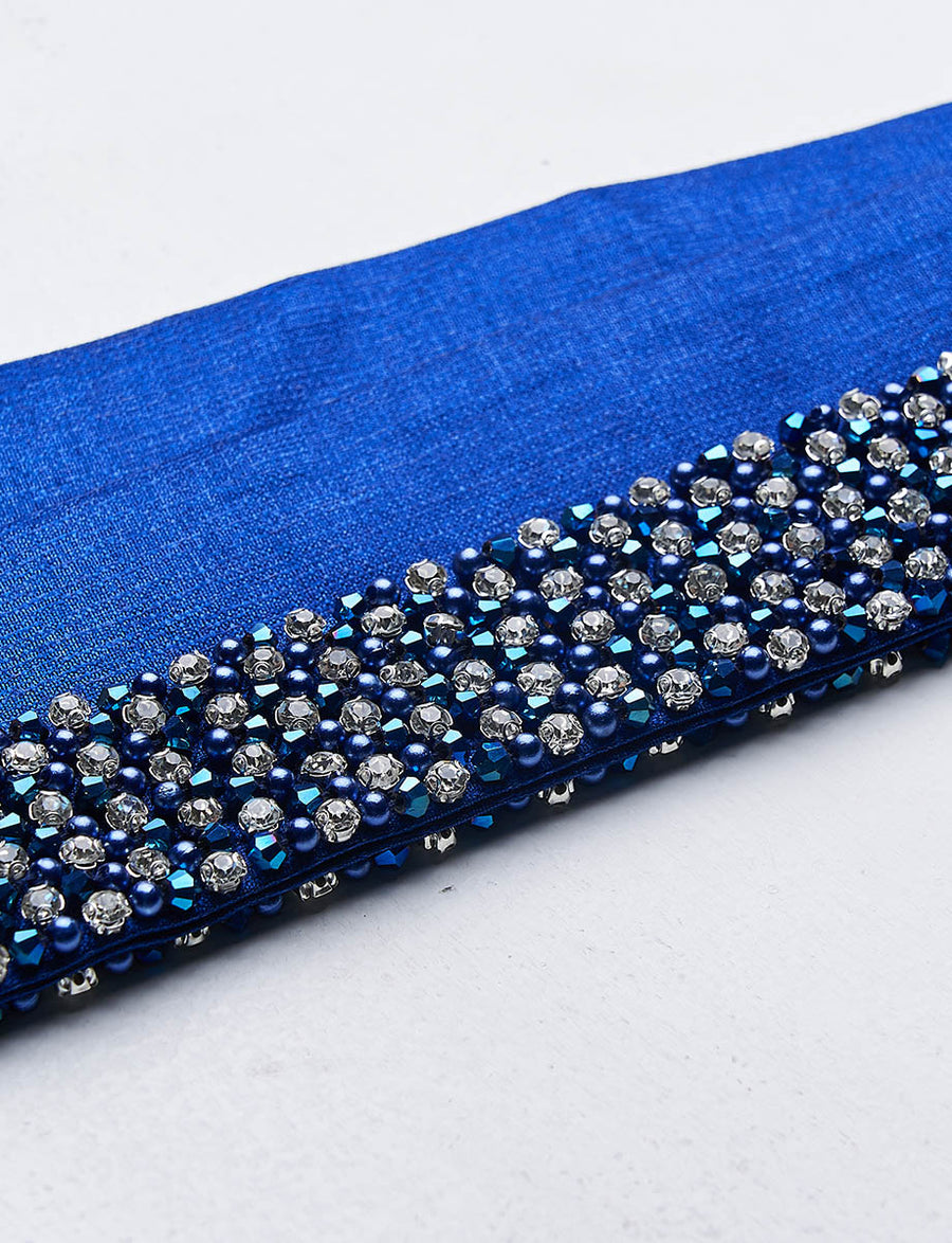 ハンド刺繍 3cm幅サテンサッシュベルト ブルーネイビー ・BT240007