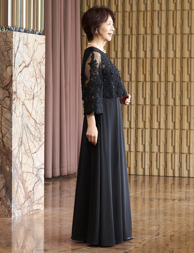 結婚式 母親ドレス 黒レース・マザーズドレス レース8分袖 MD0229-1-BK