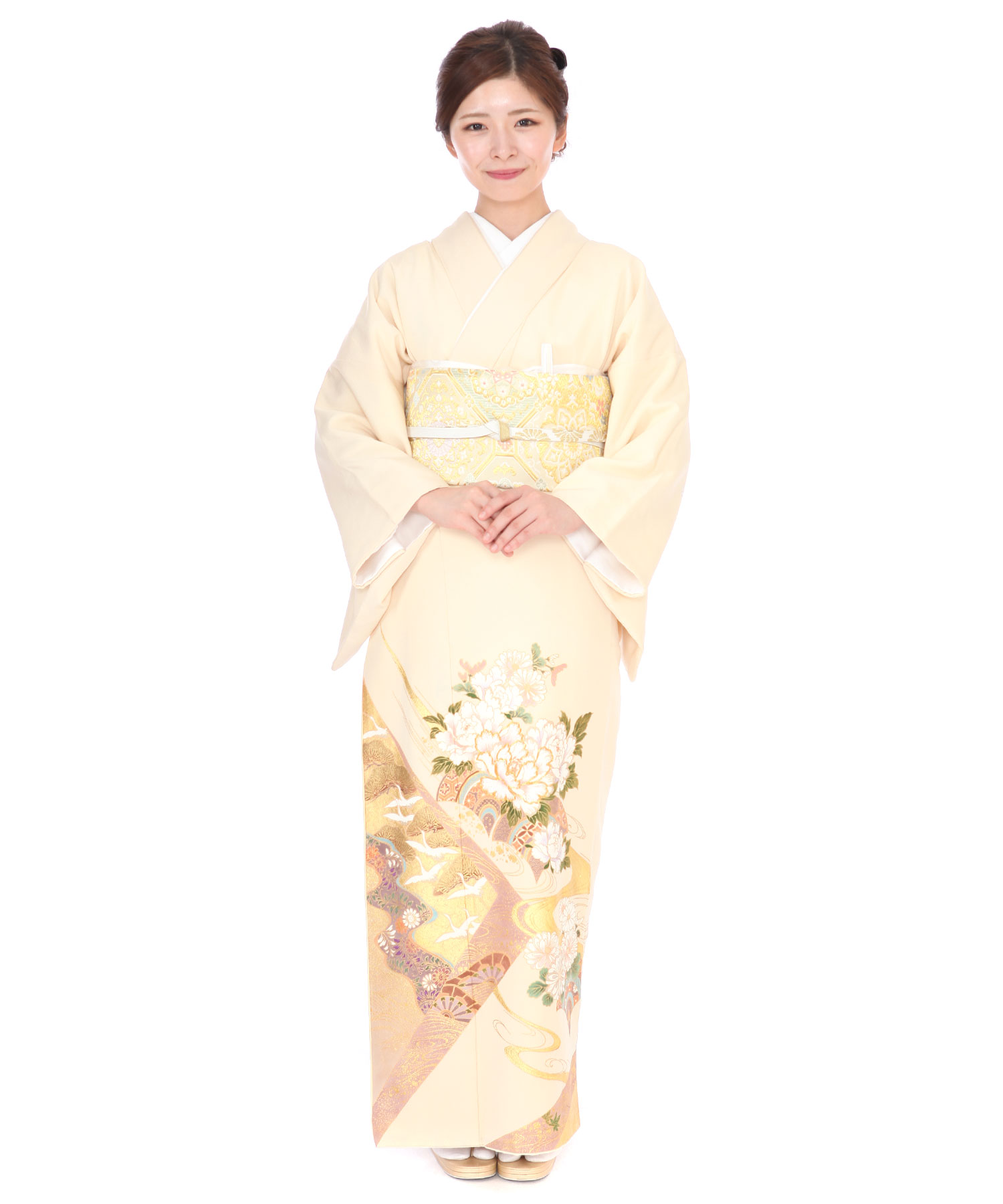 色留袖レンタル｜桂由美 クリーム地に牡丹や菊に金の波文｜I0007｜M