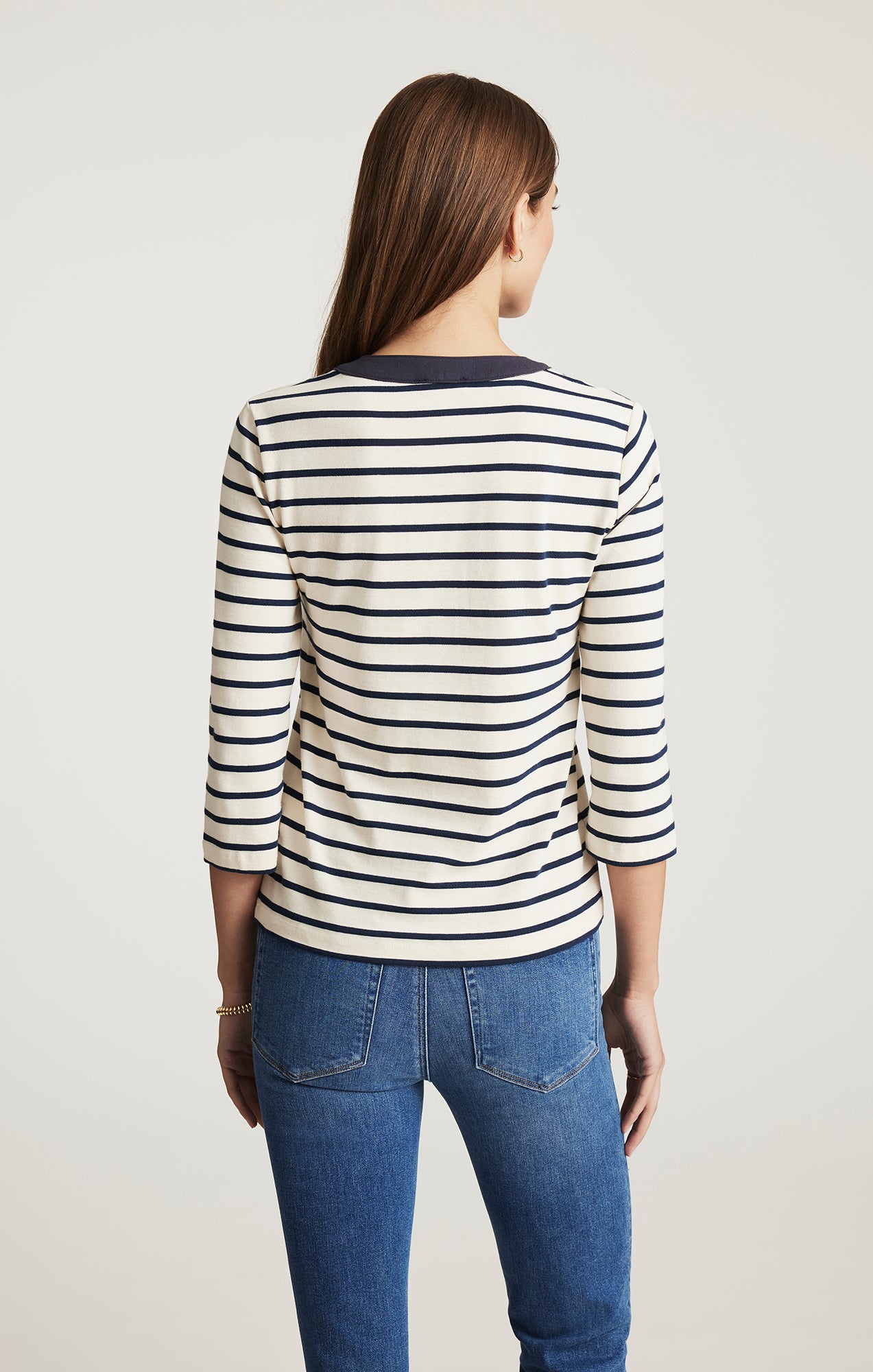 Mavi Women's Henley Quarter Sleeve T-Shirt In Navy Blazer Stripe