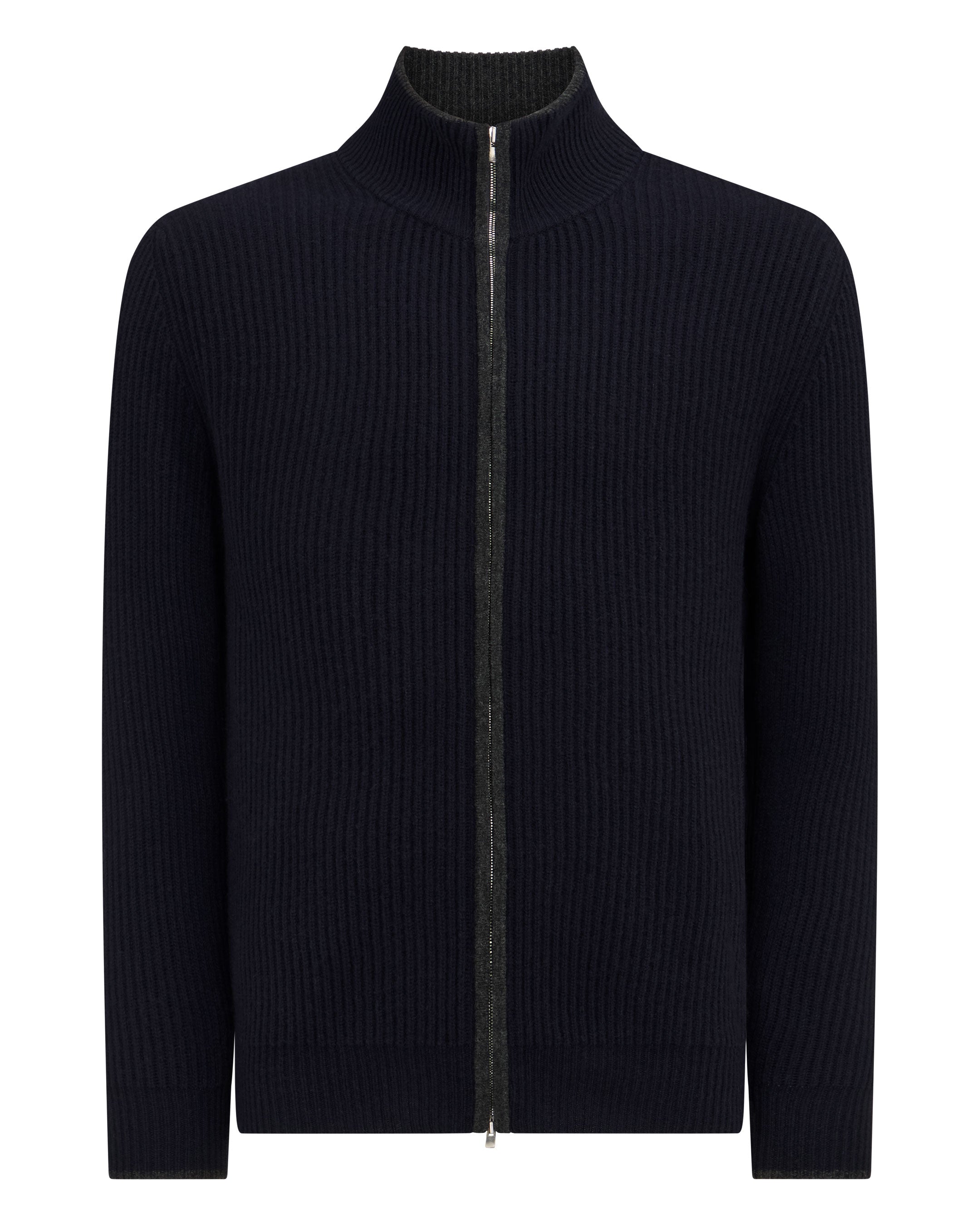 Men's Rib Full Zip Cashmere Cardigan Navy Blue | N.Peal