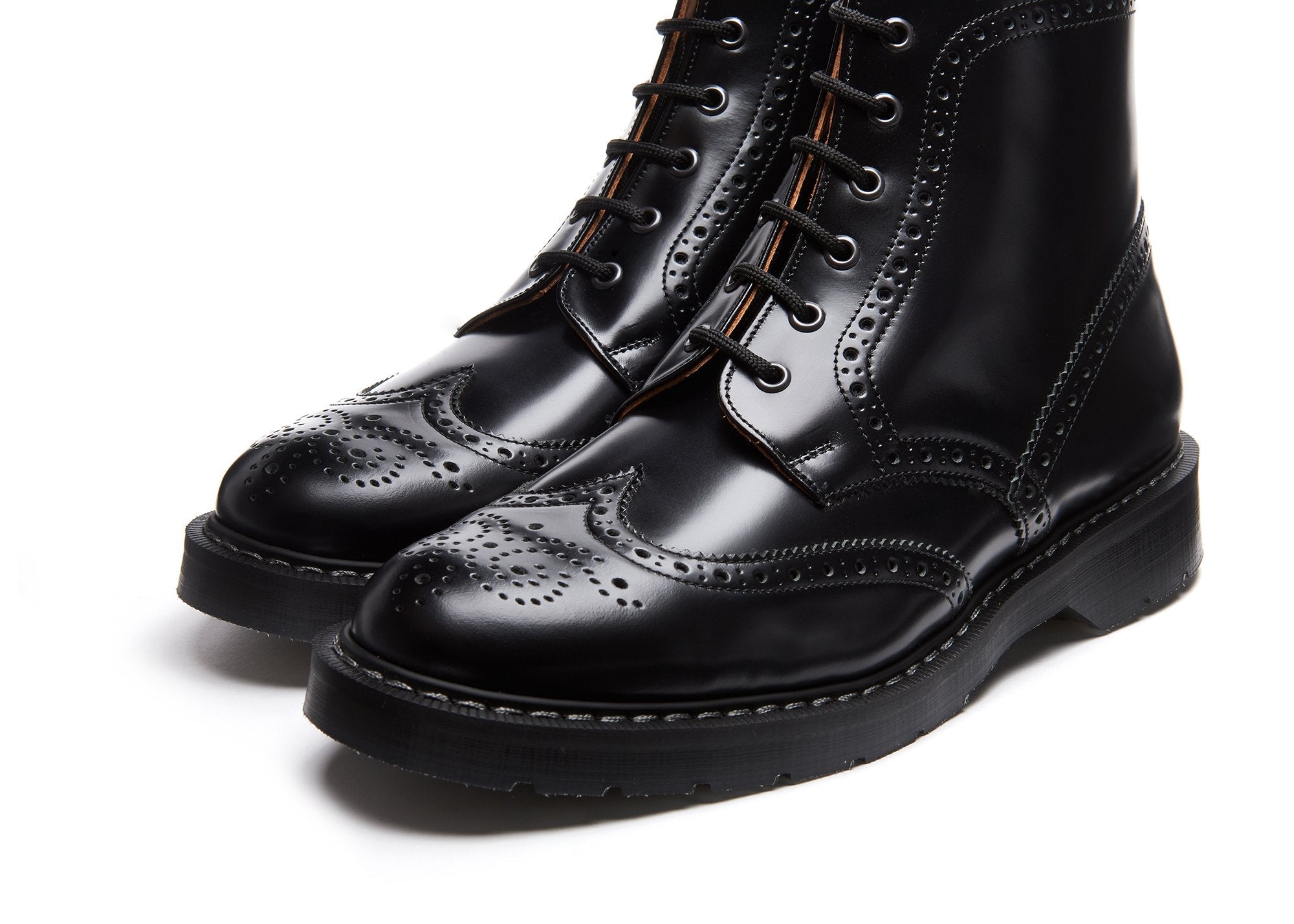 Black Hi-Shine 6 Eye Brogue Boot | Solovair | Handmade in England