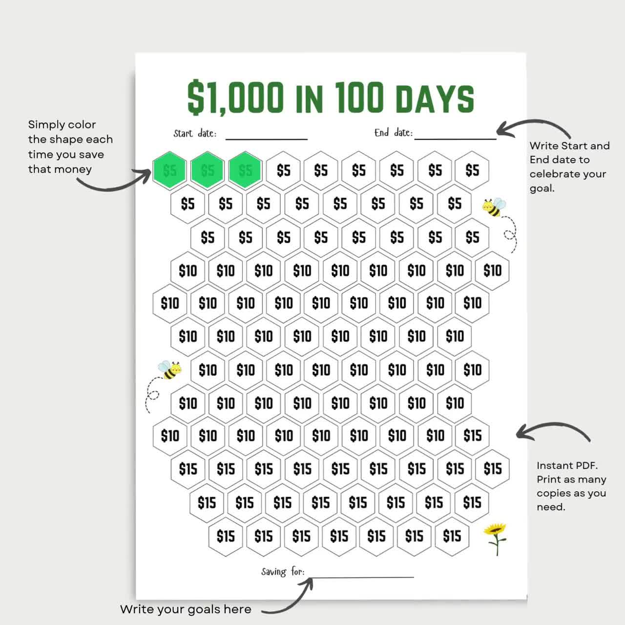 1,000 Money Saving Challenge Printable, Save 1,000 in 100 Days