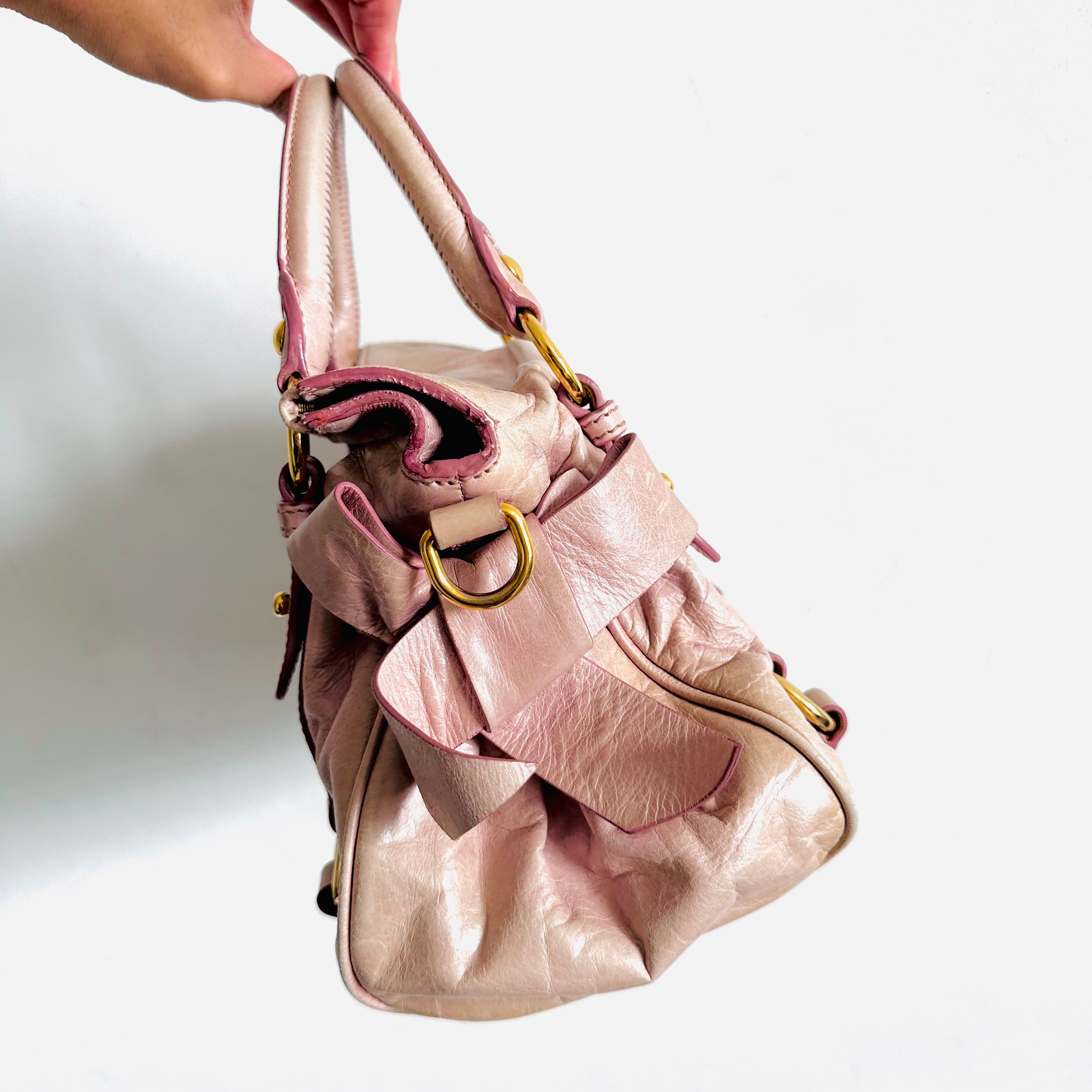 Miu Miu Mauve Pink Bow GHW Vitello Lux Small Classic Logo 2-Way
