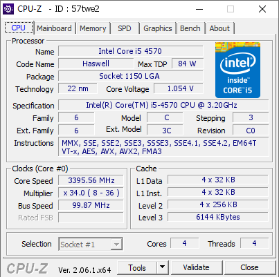 Intel Core i5 4570 @ 3395.56 MHz - CPU-Z VALIDATOR