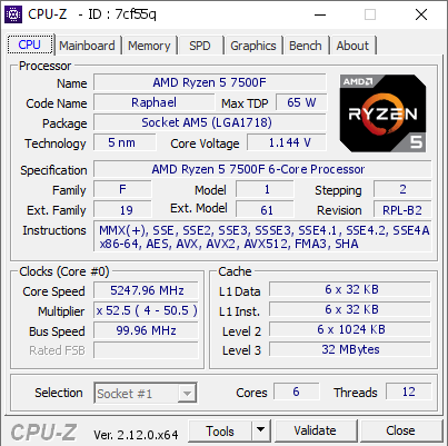 AMD Ryzen 5 7500F @ 5247.96 MHz - CPU-Z VALIDATOR