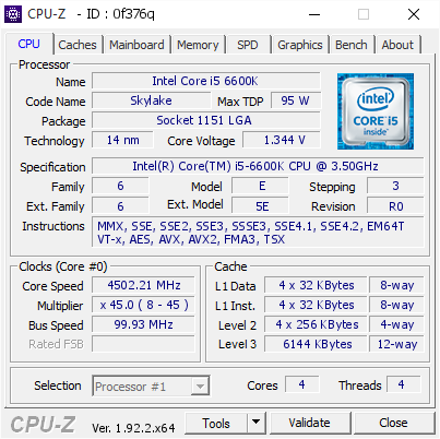 Intel Core i5 6600K @ 4502.21 MHz - CPU-Z VALIDATOR