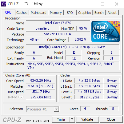 Intel Core i7 870 @ 9343.29 MHz - CPU-Z VALIDATOR