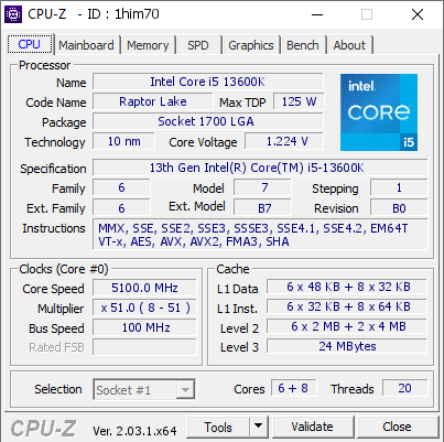 Intel Core i5 13600K @ 5100 MHz - CPU-Z VALIDATOR