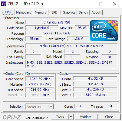 Intel Core i5 750 @ 1934.89 MHz - CPU-Z VALIDATOR