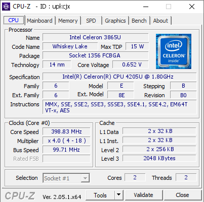 Intel Celeron 3865U @ 398.83 MHz - CPU-Z VALIDATOR