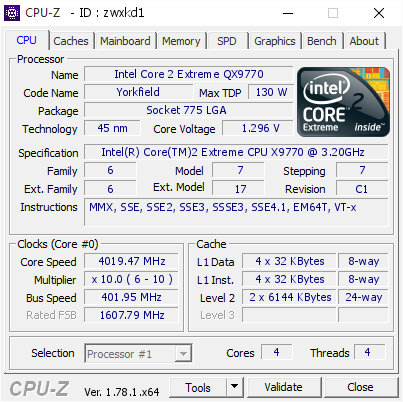 Intel Core 2 Extreme QX9770 @ 4019.47 MHz - CPU-Z VALIDATOR