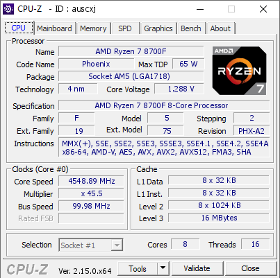 AMD Ryzen 7 8700F @ 4548.89 MHz - CPU-Z VALIDATOR