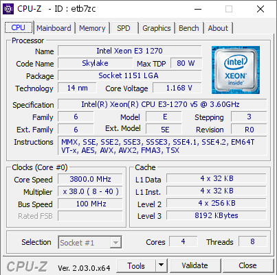 Intel Xeon E3 1270 @ 3800 MHz - CPU-Z VALIDATOR