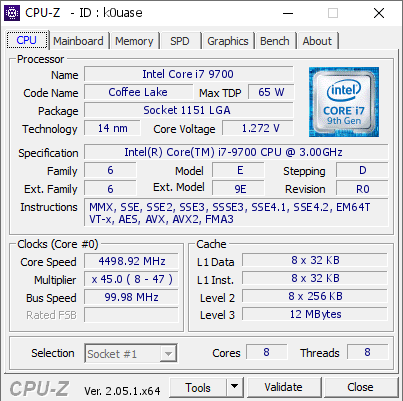 Intel Core i7 9700 @ 4498.92 MHz - CPU-Z VALIDATOR