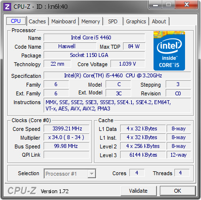 Intel Core i5 4460 @ 3399.21 MHz - CPU-Z VALIDATOR