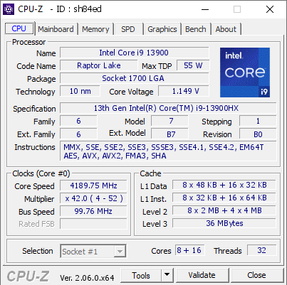 Intel Core i9 13900 @ 4189.75 MHz - CPU-Z VALIDATOR