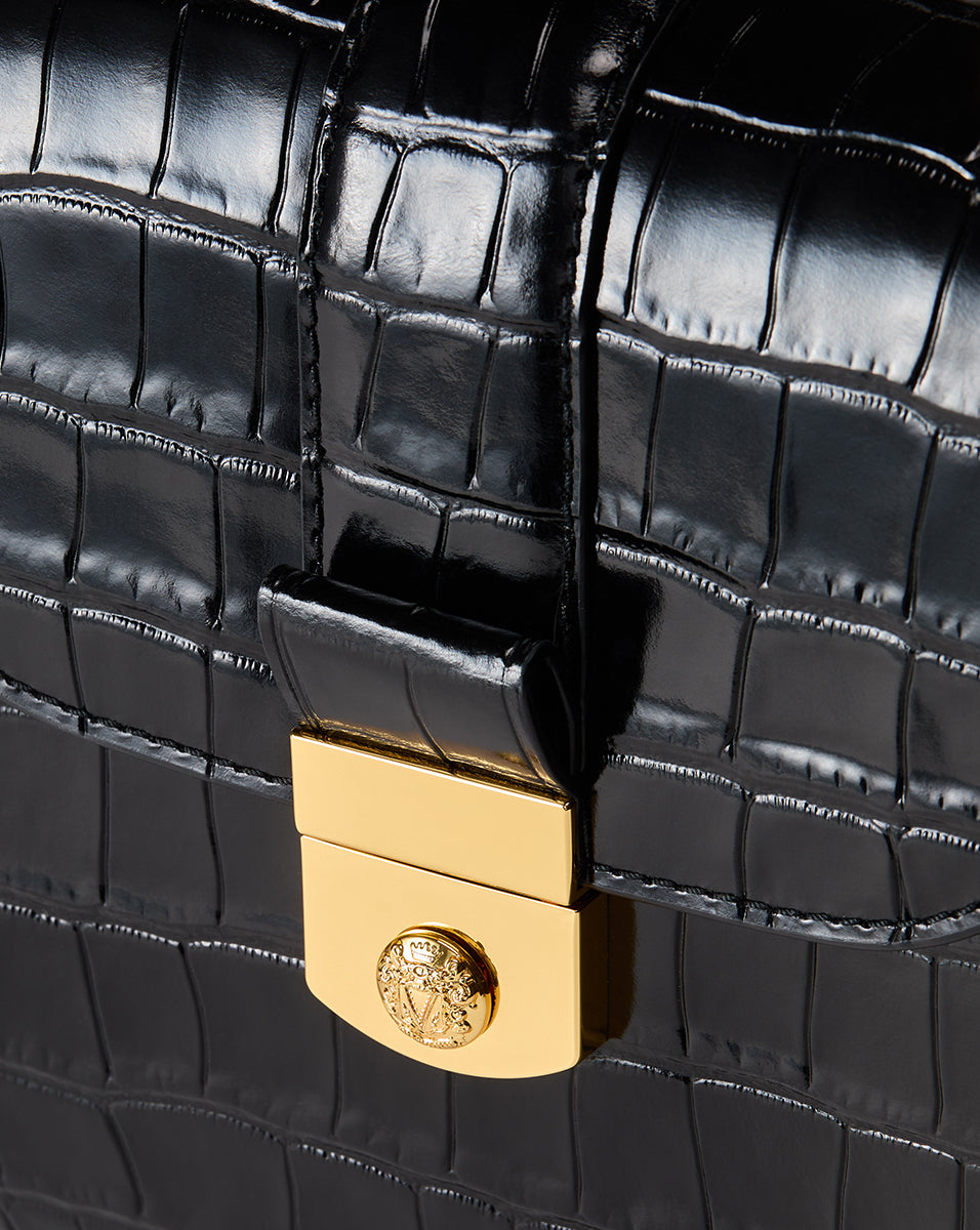 Croc-Embossed Crest Lock Bag in Black | Veronica Beard