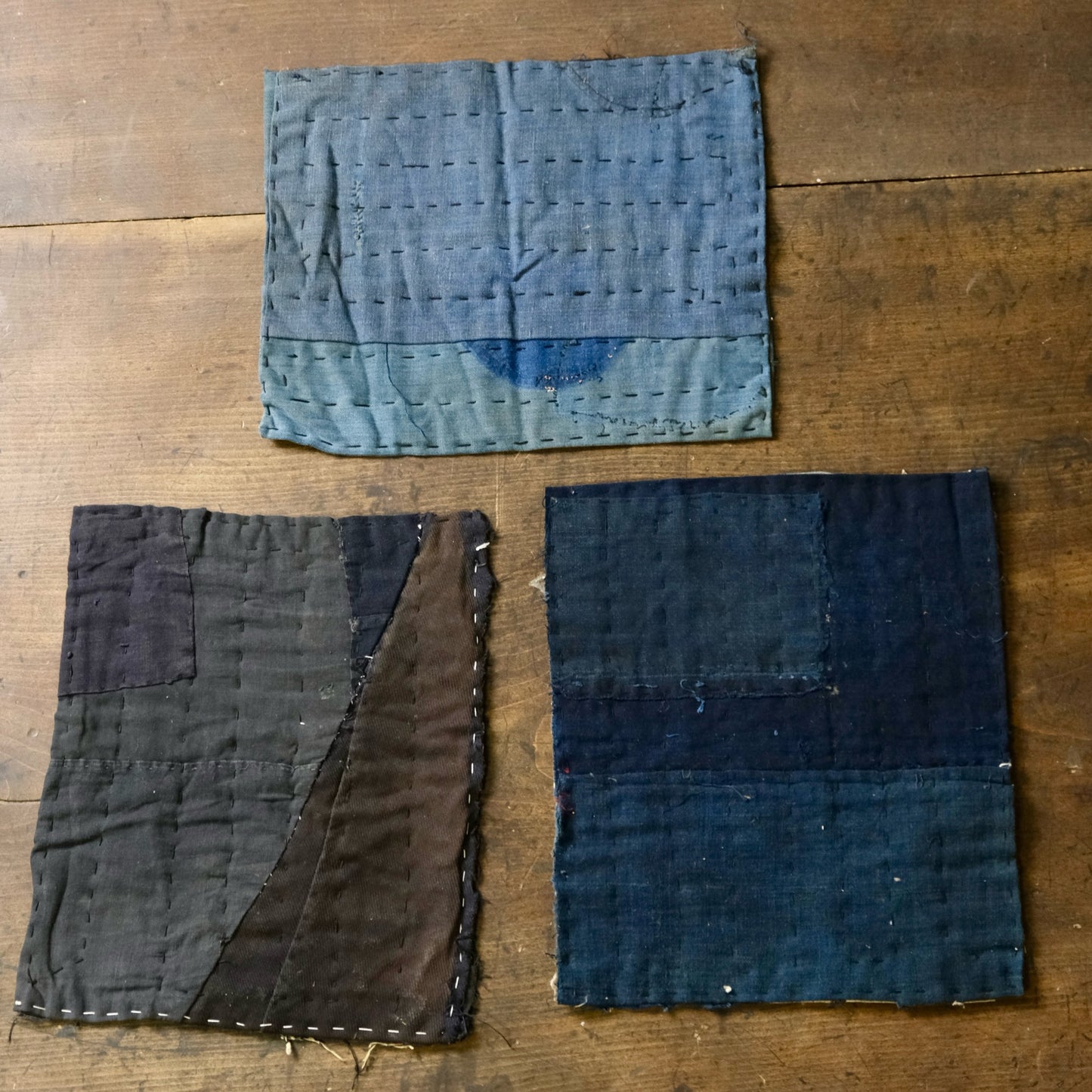Vintage Japanese Boro Sashiko Mini Rug 3-Piece Set – Indigo Aizome