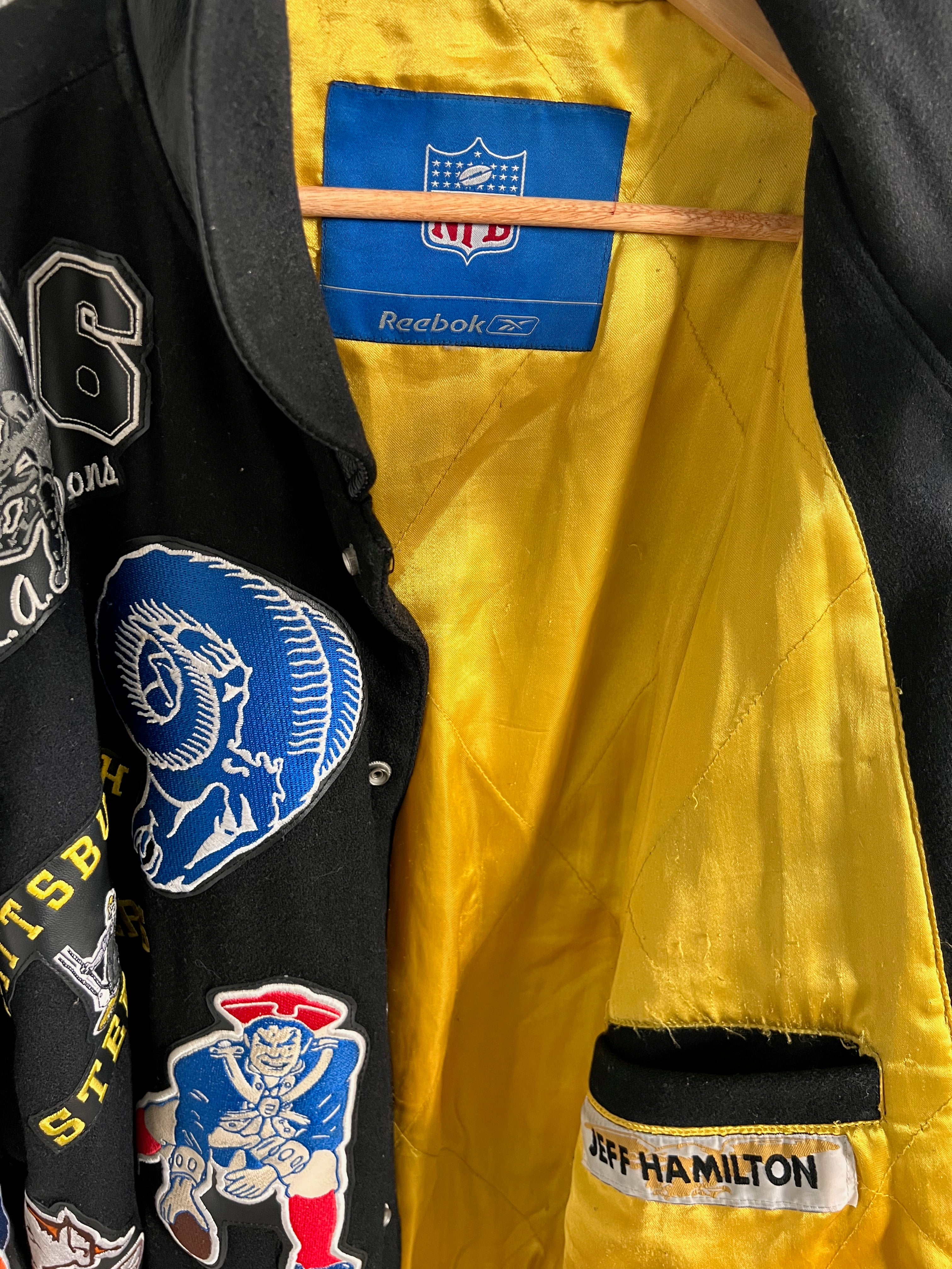 Vintage Jeff Hamilton, Rebook, NFL patch wool and leather jacket