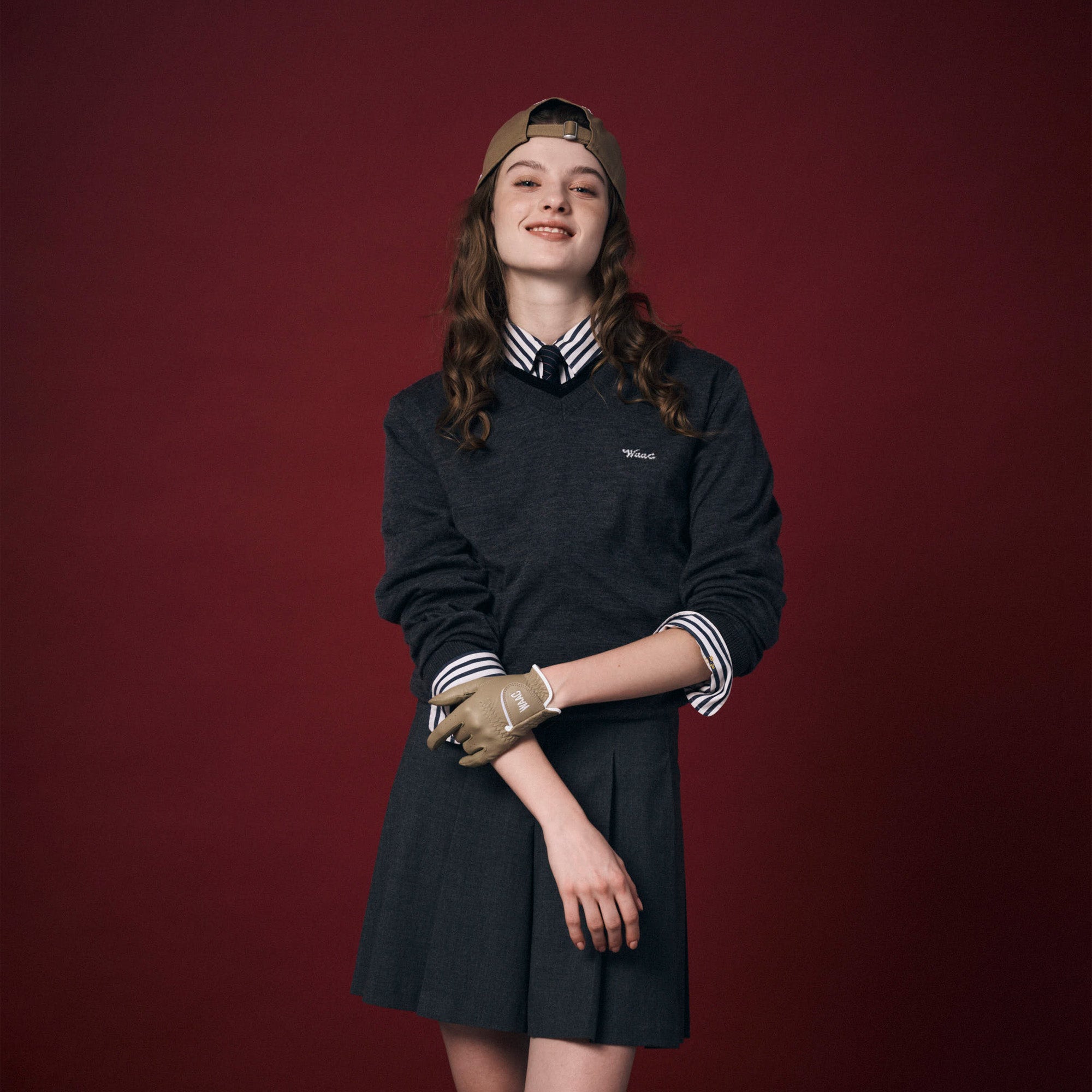 WOMEN ダブルリブVネックセーター グレー