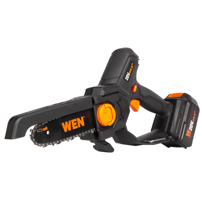 WEN 20736 20V Max Cordless Mini Chainsaw with 6-Inch Bar, 4Ah